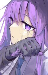  1girl absurdres black_gloves black_sweater blue_archive blue_necktie collared_shirt gloves highres long_hair long_sleeves looking_at_viewer necktie portrait purple_hair shirt simple_background solo sweater tears utaha_(blue_archive) violet_eyes white_background wiping_tears yogurt_kyo 