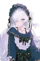  1girl bare_shoulders black_ribbon blue_dress blue_hairband bow closed_mouth crescent crescent_necklace dress dress_bow frilled_dress frilled_hairband frills gothic_lolita hair_over_one_eye hair_ribbon hairband highres jewelry layered_sleeves lolita_fashion lolita_hairband long_hair long_sleeves looking_at_viewer mahou_shoujo_no_majo_saiban natsume_an-an necklace off-shoulder_dress off_shoulder one_eye_covered one_side_up pireru_pp polka_dot polka_dot_bow ribbon simple_background sleeve_bow sleeves_past_fingers sleeves_past_wrists solo upper_body violet_eyes white_background white_hair wide_sleeves 