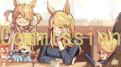  07nono06 4girls aged_up animal_ears black_sweater blonde_hair blue_sweater blush breasts closed_eyes commentary_request commission food gold_city_(umamusume) hair_ornament hairclip hand_on_own_cheek hand_on_own_face highres holding holding_spoon horse_ears horse_girl long_hair long_sleeves medium_breasts mother_and_child mother_and_daughter multiple_girls open_mouth parent_and_child parfait pink_shirt shirt smile spoon strawberry_parfait stroller sweater twintails umamusume 