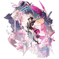  1girl absurdres archery_shooting_glove arknights arm_up ascot asymmetrical_clothes asymmetrical_coat belt belt_boots bird bird_on_hand birdcage black_belt black_boots black_cape black_coat black_feathers black_gloves black_hat black_shirt black_skirt blue_bird boots bow_(weapon) brown_eyes brown_hair cage cape church coat colored_shoe_soles compound_bow constellation crescent curtains detached_pants earrings european_architecture feathers film_reel flower frilled_pants frills full_body game_asset gekkoukan_high_school_uniform gloves hat hat_feather high_heel_boots high_heels highres holding holding_bow_(weapon) holding_weapon jewelry juliet_sleeves lace-trimmed_ascot long_sleeves looking_at_viewer miniskirt moon multiple_views non-web_source official_alternate_costume official_art on_pillar pants parted_lips partially_fingerless_gloves persona persona_3 persona_3_reload pink_cape pink_flower puffy_sleeves rondel s.e.e.s school_uniform shirt short_hair silhouette sitting skirt solo studio_montagne swept_bangs tachi-e takeba_yukari takeba_yukari_(in_vigil_of_dawn_and_dusk) transparent_background tricorne two-tone_cape weapon white_ascot white_feathers white_gloves white_pants 