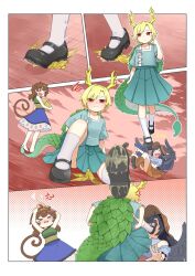  3girls antlers banana_peel bandana bandana_around_neck barefoot black_hair black_shoes black_wings blonde_hair blue_dress blue_shirt blue_skirt boots brown_eyes brown_hair brown_hat brown_overskirt brown_shoes colored_shoe_soles commentary_request cowboy_boots cowboy_hat dragon_horns dragon_tail dress feathered_wings green_dress hat head_bump highres horns kicchou_yachie kurokoma_saki laughing monkey_tail monster_girl mugicha_(mugicha0929) multiple_girls off-shoulder_shirt off_shoulder overskirt red_eyes shirt shoes short_sleeves skirt slipping slipping_on_banana_peel son_biten tail touhou turtle_shell walking white_bandana wings yellow_dress 