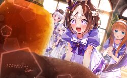  4girls acolu00 animal_ears aqua_bow blue_eyes blunt_bangs blush bow bowtie braid breasts brown_hair brown_hat carrot_hamburger_steak commentary_request ear_bow ear_covers ear_ribbon gold_ship_(umamusume) grey_hair hair_ornament hairband half_up_braid hat highres hime_cut horse_ears horse_girl horse_tail long_hair mejiro_mcqueen_(umamusume) multicolored_hair multiple_girls open_mouth orange_hair pillbox_hat pleated_skirt puffy_short_sleeves puffy_sleeves purple_bow purple_bowtie purple_hair purple_shirt sailor_collar sailor_shirt school_uniform shirt short_hair short_sleeves silence_suzuka_(umamusume) skirt small_breasts smile special_week_(umamusume) tail teeth thigh-highs tracen_school_uniform two-tone_hair umamusume upper_teeth_only violet_eyes white_hair white_hairband white_sailor_collar white_skirt white_thighhighs 