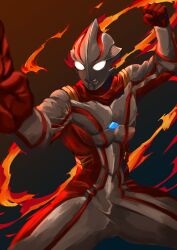  1boy absurdres alien arm_up aura brown_background clenched_hand color_timer colored_skin commentary compound_eyes cowboy_shot dorsal_fin fiery_aura fighting_stance giant giant_male glowing glowing_eyes gold_trim gradient_background grey_background hand_up highres kintsuba_(kintsuba_08) legs_apart looking_ahead male_focus mebius_brace multicolored_skin no_pupils outstretched_arm pectorals red_skin silver_skin solo tokusatsu toned toned_male two-tone_skin ultra_series ultraman_mebius ultraman_mebius_(series) white_eyes wrinkled_skin 