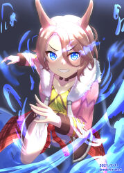  1girl absurdres animal_ears asymmetrical_clothes asymmetrical_pants blue_aura blue_eyes blush breasts brown_hair clothes_around_waist commentary_request denim eye_trail fur-trimmed_jacket fur_trim glowing glowing_eyes hair_between_eyes highres horse_ears horse_girl jacket jeans light_trail long_sleeves looking_at_viewer mashiroken07 narita_taishin_(nevertheless)_(umamusume) narita_taishin_(umamusume) open_mouth pants pink_jacket shirt short_hair single_pantsleg solo tank_top teeth tied_shirt torn_clothes torn_jeans torn_pants umamusume yellow_shirt yellow_tank_top 