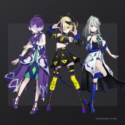  3girls absurdres ahoge ankle_strap belt black_belt black_bow black_corset black_shirt black_skirt black_thighhighs blonde_hair blue_eyes blue_shoes blue_socks blue_wrist_cuffs blunt_bangs bob_cut boots bow choker coat commentary_request corset crop_top detached_sleeves dress flipped_hair framed_breasts gradient_hair green_dress green_hair hair_between_eyes hair_bow hair_rings halterneck high_collar high_heel_boots high_heels highres hinageshi_(girls_revolution_project) horns kamitsubaki_studio knee_boots kneehighs layered_skirt layered_sleeves long_hair long_sleeves looking_at_viewer midriff_peek mikoto_(girls_revolution_project) multicolored_coat multicolored_eyes multicolored_hair multicolored_skirt multicolored_thighhighs multiple_girls nanodes3d official_alternate_costume official_art overskirt pink_hair pink_streaks pleated_skirt ponytail print_dress puffy_long_sleeves puffy_sleeves purple_coat purple_hair purple_sailor_collar purple_streaks sailor_collar shirt shoes shorts side_part skirt sleeveless sleeveless_coat sleeveless_dress socks standing standing_on_one_leg streaked_hair striped_clothes thigh-highs triangle_print underbust vertical-striped_clothes white_coat white_hair white_shirt white_shorts wrist_cuffs yellow_pupils yellow_trim yunagi_(girls_revolution_project) 