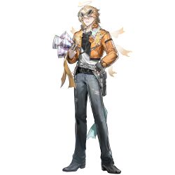  1boy angel arknights artist_request belt black_belt black_gloves black_shirt black_shoes blonde_hair closed_mouth collarbone cropped_jacket denim detached_wings earrings energy_wings eyewear_on_head fingerless_gloves full_body game_asset giulio_(arknights) gloves gun hair_between_eyes halftone halo hand_on_belt highres holding holding_party_popper holster jacket jeans jewelry legs_apart loafers long_sleeves looking_at_viewer male_focus medium_hair multiple_belts multiple_rings necklace non-web_source official_art open_clothes open_jacket orange_jacket pants party_popper pink_eyes ring shirt shoes silver_belt simple_background single_glove solo standing stud_earrings sunglasses tachi-e torn_clothes torn_jeans torn_pants transparent_background two-tone_shirt v weapon white_shirt wings yellow_halo 