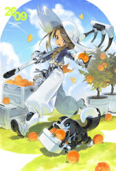  1girl :d absurdres artist_name belt black_gloves blue_shirt blue_sky boots braid braided_ponytail brown_hair bug butterfly clouds collared_shirt commentary copyright_notice crate cumulonimbus_cloud dated farmer flower_pot food fruit gloves grass hair_over_shoulder hat highres holding holding_food holding_fruit holding_rake index_finger_raised large_hat looking_at_viewer multicolored_gloves non-humanoid_robot nosedog open_mouth orange_(fruit) original outstretched_arm overalls plant potted_plant rake robot robot_animal robot_dog shirt sky sleeves_rolled_up smile solo sun_hat two-sided_gloves two-tone_gloves untranslatable_commentary walking white_belt white_boots white_gloves white_hat white_overalls 