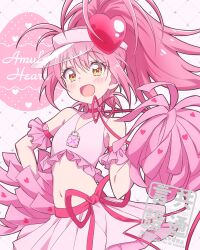  1girl amulet_heart brown_eyes character_name collarbone commentary_request crop_top guardian_chara hair_ornament heart heart_hair_ornament highres hinamori_amu jewelry kyoutsuugengo magical_girl midriff navel necklace open_mouth pink_hair pink_skirt pink_tank_top pom_pom_(cheerleading) red_ribbon ribbon shugo_chara! skirt solo standing tank_top visor_cap 