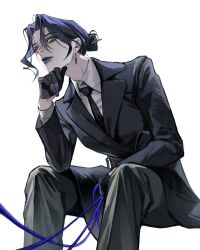  1girl black_gloves black_necktie black_pants blue_hair blue_lips business_suit cheong_dallae closed_mouth collared_shirt commentary_request cowboy_shot curtained_hair earrings formal_clothes from_side gloves gwechul hair_bun hair_ornament hair_stick hand_on_own_chin hand_up highres holding holding_string invisible_chair jacket jcin_sojang jewelry korean_commentary lapels long_sleeves looking_at_viewer medium_hair necktie notched_lapels pale_skin pants shirt sidelighting single_hair_bun sitting slit_pupils smile solo string suit suit_jacket white_background white_shirt yellow_eyes 