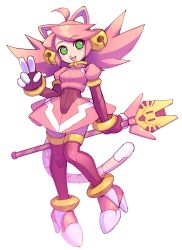  1girl absurdres ahoge animal_ears bell blush cat_ears cat_girl cat_tail commentary deltarune drawloverlala dress english_commentary fingerless_gloves gloves green_eyes hair_bell hair_ornament highres holding holding_staff mad_mew_mew mega_man_(series) mega_man_zero_(series) open_mouth pink_dress pink_hair redesign smile staff tail utdr_(toby_fox) v white_background 