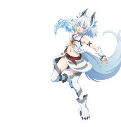  1girl ahoge animal_ears anime_coloring arm_ribbon armpits artist_request attacking_viewer belt blue_eyes breasts brown_belt brown_ribbon claws collarbone covered_collarbone crystal_hair_ornament full_body fur_skirt hair_between_eyes highres kaifuku_jutsushi_no_yarinaoshi_~sokushi_mahou_to_skill_copy_no_chouetsu_heal~ looking_at_viewer medium_hair midriff navel official_art open_mouth paw_print_soles ribbon second-party_source setsuna_(kaiyari) shiny_skin simple_background small_breasts solo standing standing_on_one_leg tachi-e tail thighs transparent_background white_hair wolf_ears wolf_tail 
