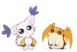  commentary digimon digimon_(creature) english_commentary highres looking_at_viewer loyaldis no_humans orange_fur patamon simple_background star-shaped_pupils star_(symbol) symbol-shaped_pupils tail tailmon two-tone_fur white_background white_fur 