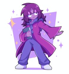 1other absurdres book coat colored_skin deltarune freckles full_body glasses half-closed_eyes highres holding holding_book legs_apart long_hair other_focus pants parted_lips partumut purple_coat purple_hair purple_pants purple_skin seth_(deltarune) solo standing utdr_(toby_fox)