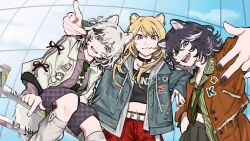  3girls :d animal_ear_piercing animal_ears black_choker black_hair black_nails black_shirt blonde_hair blue_eyes blue_jacket choker collared_shirt commentary_request denim denim_jacket dog_ears dog_girl dog_tail green_necktie green_shirt green_skirt grey_hair grey_shirt grey_shorts grin highres jacket kmnz lita_(kmnz) long_hair medium_hair midriff multicolored_hair multiple_girls nail_polish navel necktie nero_(kmnz) non7 official_art on_railing open_clothes open_jacket open_mouth railing red_nails shirt shorts sitting skirt smile striped_clothes striped_shirt tail teeth tina_(kmnz) two-tone_hair vertical-striped_clothes vertical-striped_shirt violet_eyes white_jacket 