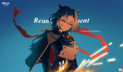  1girl absurdres arknights ascot black_ascot black_capelet black_dress blue_background capelet character_name closed_mouth commentary_request dated dragon_horns dress grey_hair hair_between_eyes hair_intakes highres horns linkilly long_hair looking_at_viewer orange_eyes serious sidelocks solo talulah_(arknights) upper_body 