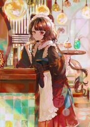  1girl animal_ears banken_(inui_toko) brown_hair dog_ears drinking_straw finger_to_own_chin food from_side gelatin heterochromia highres holding holding_tray ice_cream ice_cream_float inui_toko inui_toko_(1st_costume) jamu_(yakinikuoi4) japanese_clothes kimono long_hair looking_at_viewer maid_headdress nijisanji red_eyes solo tray virtual_youtuber yellow_eyes 