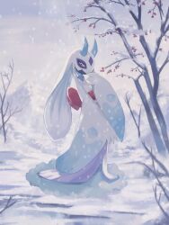  absurdres airivaliant back_bow bare_tree blue_horns blue_sclera bow cold colored_sclera colored_skin dress froslass highres horns ice ice_horns japanese_clothes kimono mega_froslass mega_pokemon mountain no_humans outdoors pokemon pokemon_(creature) pokemon_focus purple_skin snow snowflakes snowing solo tree white_dress winter yellow_sclera 