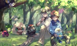  2boys blue_jacket brown_hair brown_pants closed_eyes collared_shirt commentary_request cottonee day emolga forest grass green_shoes hand_up hat hilbert_(pokemon) index_finger_raised jacket light_rays male_focus multiple_boys munna n_(pokemon) nature oshawott outdoors pants petilil pokemon pokemon_(creature) pokemon_black_and_white shirt shoes sitting sleeping swadloon tree undershirt venipede white_background yukinoko2200 zipper_pull_tab zorua 