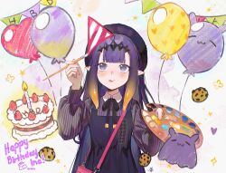  1girl :p absurdres ani_019 bag balloon beret black_dress black_hat center-flap_bangs character_balloon collared_shirt commentary dress english_commentary gradient_hair handbag happy_birthday hat heart_balloon highres holding holding_paint_palette holding_paintbrush hololive hololive_english long_hair long_sleeves mole mole_under_eye multicolored_hair ninomae_ina'nis ninomae_ina'nis_(casual) official_alternate_costume orange_hair paint_palette paintbrush pinafore_dress pink_bag pinstripe_pattern pinstripe_shirt pointy_ears puffy_long_sleeves puffy_sleeves purple_hair shirt sidelocks sleeveless sleeveless_dress solo straight_hair takodachi_(ninomae_ina'nis) tentacle_hair tongue tongue_out very_long_hair violet_eyes virtual_youtuber 