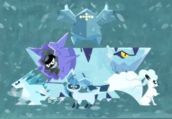  alolan_ninetales alolan_sandslash avalugg blue_eyes blue_fur claws cloyster colored_sclera commentary_request fox glaceon golem grin highres ice ice_type_theme_(pokemon) iltuki no_humans oyster pokemon pokemon_(creature) pokemon_focus regice simple_background smile spikes tail teeth white_fur yellow_sclera 