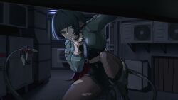  1girl animal_ears black_hair black_shorts boots combat_knife commentary finger_to_mouth fur-trimmed_jacket fur_trim garter_straps grey_boots grey_eyes grey_jacket high-waist_shorts highres jacket jane_doe_(zenless_zone_zero) knife mist_(mist_5unset) mouse_ears mouse_girl mouse_tail multicolored_hair on_one_knee pantyhose red_hair sharp_tail shorts shushing single_garter_strap single_leg_pantyhose single_thighhigh tail thigh-highs torn_clothes torn_pantyhose torn_thighhighs weapon zenless_zone_zero 
