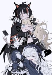  3girls absurdres ahoge ameco_(nanmoneena) animal_ear_headphones animal_ears bare_shoulders belt black_dress black_hair black_ribbon black_shoes black_socks black_sweater blonde_hair blue_dress blue_eyes blue_hairband bow braid cat_ear_headphones cat_ears cellphone constricted_pupils cross-laced_clothes cross-laced_dress dress dress_bow eyeball_hair_ornament fake_animal_ears frilled_dress frilled_hairband frilled_sleeves frills gothic_lolita hair_bow hair_over_one_eye hair_ribbon hairband headphones highres hug layered_dress leg_belt lolita_fashion lolita_hairband long_hair long_sleeves loose_socks mahou_shoujo_no_majo_saiban mole mole_under_eye multicolored_hair multiple_girls natsume_an-an off-shoulder_dress off_shoulder orange_eyes orange_streaks phone polka_dot polka_dot_bow ribbon saeki_miria sawatari_coco shoes short_hair simple_background skirt skirt_under_dress skull sleeve_bow sleeves_past_fingers sleeves_past_wrists smartphone socks streaked_hair stuffed_animal stuffed_cat stuffed_toy sweater turn_pale violet_eyes white_background white_hair white_skirt wide_sleeves yuri 