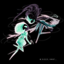  1girl 1other arthropod_girl black_eyes black_hair black_skin blank_eyes bodysuit broken_mask colored_skin commentary dress face-to-face floating_hair full_body grey_dress hat highres holding holding_weapon hollow_eyes hollow_knight hollow_knight:_silksong lace_(hollow_knight) mask phantom_(hollow_knight) pin_(hollow_knight) puffy_sleeves weapon white_bodysuit white_eyes white_hat white_mask yu_byul0605 