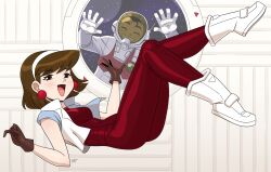  1boy 1girl :d ^_^ absurdres astronaut bodysuit breasts brown_gloves brown_hair closed_eyes earrings gloves grin hairband highres jewelry kawaramachi_fuki oira_uchuu_no_tankoufu pearl_earrings red_bodysuit short_hair smile space_shuttle spacecraft spacecraft_interior ushiwaka_nanbu warren_blakely white_hairband zero_gravity 