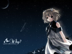  1girl angelic_serenade blonde_hair bug butterfly closed_mouth dress english_text full_moon grass hair_ornament heterochromia lasty_farson looking_at_viewer moon naruse_chisato rabbit_hair_ornament shooting_star short_hair short_twintails sky sleeveless smile solo star_(sky) trapeze_dress twintails white_dress 