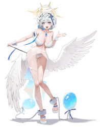  1girl absurdres balloon bikini blue_eyes breasts commentary_request cuffs hair_ornament highres jewelry josal korean_commentary large_breasts necklace original panties shackles simple_background solo swimsuit underwear white_background white_bikini white_hair white_panties white_wings wings 