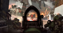  6+boys aiming armored_vehicle astra_militarum backpack bag blood_pact_(warhammer_40k) cadian_shock_troops caution_stripes combat_helmet concept_art concrete crosshair eddygonzlezdvila energy_weapon firing gun heavy_machine_gun helmet highres laser laser_pointer_projection lasgun machine_gun military_uniform motor_vehicle multiple_boys muzzle_flash pov radio_antenna reflex_sight rocket_launcher scarf science_fiction sparks viewer_holding_weapon war warhammer_40k weapon 