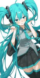  1girl absurdres ahoge bare_shoulders black_boots black_skirt black_sleeves blue_eyes blue_hair blue_nails blue_necktie blush boots breasts closed_mouth collared_shirt commentary cowboy_shot detached_sleeves fingernails floating_neckwear grey_shirt hair_between_eyes hair_ornament hands_up hatsune_miku highres holding_own_hair long_hair long_sleeves looking_at_viewer medium_breasts miniskirt monthyy12 nail_polish necktie pleated_skirt shirt shy simple_background skirt sleeveless sleeveless_shirt solo standing thigh_boots thighs tie_clip twintails untranslatable_commentary very_long_hair vocaloid wavy_hair white_background wide_sleeves zettai_ryouiki 