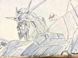  absurdres char's_counterattack char's_counterattack_-_beltorchika's_children colored_pencil_(medium) dated graphite_(medium) grey_background gundam hi-nu_gundam highres mecha mecha_focus mobile_suit no_humans portrait robot science_fiction signature solo traditional_media upper_body v-fin yellow_eyes zzz_sakaz 