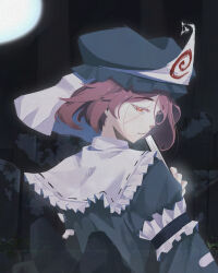  1girl blue_hat blue_kimono closed_mouth commentary_request cropped folded_fan folding_fan frilled_kimono frills hand_fan hat highres hitodama holding holding_fan japanese_clothes kimono long_sleeves mob_cap nekromemi pink_eyes pink_hair saigyouji_yuyuko sleeve_garter solo touhou triangular_headpiece 