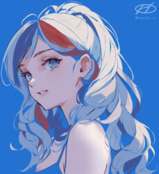 1girl artist_logo blonde_hair blue_background blue_camisole blue_eyes blue_hair camisole commandant_teste_(kancolle) commentary_request haruto_(harut_n) kantai_collection logo multicolored_hair parted_lips ponytail red_hair simple_background smile solo spaghetti_strap streaked_hair upper_body white_hair 