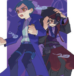  2boys belt belt_pouch black_belt black_coat black_hair blue_coat blue_hair blue_necktie blue_shirt clenched_hands coat collared_shirt commentary_request feet_out_of_frame goggles goggles_on_head hair_over_one_eye hand_on_own_head hands_up highres hitodama hood hood_up hooded_coat male_focus multiple_boys necktie one_eye_covered open_clothes open_coat orange_eyes pants pouch purple_vest puyopuyo puyopuyo_quest red-tinted_eyewear red_eyes red_pants roquier_(puyopuyo) scared shirt shirt_tucked_in short_hair standing sweatdrop thigh_pouch tinted_eyewear urolo vest white_shirt wrench zero_(puyopuyo) 