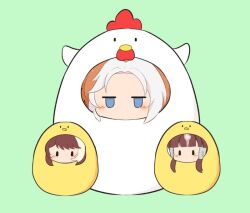  3girls animal_costume blue_eyes blush_stickers brown_hair character_request chibi chick_costume chicken_costume empty_eyes forehead gomashio_(goma_feet) green_background jitome lucky_lilac_(umamusume) multicolored_hair multiple_girls orfevre_(umamusume) parted_bangs simple_background streaked_hair two-tone_hair umamusume white_hair |_| 