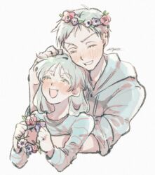  1boy 1girl alien_stage anemone_(flower) closed_eyes commentary fang flower grey-haired_girl_(alien_stage) grey_hair head_wreath holding_head_wreath hood hoodie hug hug_from_behind long_hair papiputog purple_flower red_flower shirt short_hair signature skin_fang smile striped_clothes striped_shirt till_(alien_stage) untranslatable_commentary very_short_hair 
