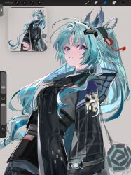  1girl absurdres animal_ears arcane_(arknights) arknights arknights:_endfield art_program_in_frame belt bird_ears bird_girl blue_eyes braid breasts cape chinese_commentary commentary_request curtained_hair eyeliner facial_mark forehead_mark from_side gradient_hair green_hair half_up_braid hannhi_1005 head_wings headgear high-waist_belt highres hood hood_down hooded_cape long_hair looking_at_viewer makeup medium_breasts multicolored_hair parted_bangs parted_lips ponytail red_eyeliner solo underbust unfinished very_long_hair walkie-talkie wings 