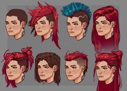  1girl absurdres alt_text alternate_hair_color alternate_hair_length_(shorter) alternate_hairstyle arcane:_league_of_legends arcane_vi asymmetrical_hair bassfish blue_eyes blue_hair blush braid brown_hair buzz_cut closed_mouth commentary cropped_head ear_piercing english_commentary eyebrow_cut eyelashes face_piercing freckles game_screenshot_inset grey_background highres league_of_legends life_is_strange_(series) life_is_strange_1 lips long_hair max_caulfield medium_hair messy_hair mohawk multiple_braids multiple_views neck_tattoo nose_piercing piercing ponytail red_hair screenshot_inset short_hair short_ponytail sidecut simple_background tattoo undercut very_short_hair vi_(league) 