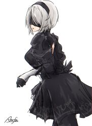  1girl 2b_(nier:automata) artist_name back_cutout black_dress black_gloves black_hairband black_mask bob_cut breasts clothing_cutout collared_dress commentary_request dress eye_mask gloves hairband high_collar highres large_breasts lips lipstick long_sleeves looking_to_the_side makeup mask mole mole_under_mouth multicolored_gloves nier:automata nier_(series) parted_bangs pink_lips puffy_sleeves short_dress short_hair signature simple_background single_glove solo striped_clothes striped_dress timama_timama two-tone_gloves upper_body white_background white_gloves white_hair 