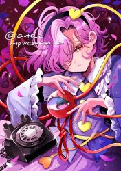  1girl antique_phone azuma_aya black_hairband blue_shirt buttons collared_shirt commentary disembodied_linked_eye eyeball falling_petals frilled_shirt_collar frilled_sleeves frills hair_ornament hairband heart heart_button heart_hair_ornament highres komeiji_satori long_sleeves petals phone pink_eyes pink_hair pink_petals pink_skirt ribbon-trimmed_collar ribbon_trim rotary_phone shirt skirt solo touhou untranslatable_commentary wide_sleeves 