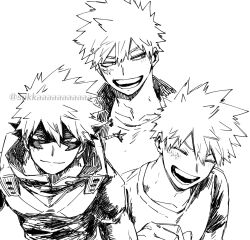  :d ^_^ bakugou_katsuki blush boku_no_hero_academia closed_eyes closed_mouth collarbone commentary_request crew_neck cropped_torso crosshatching dkyoudai eye_mask facing_viewer greyscale hair_between_eyes hand_up happy hatching_(texture) high_collar linear_hatching looking_at_viewer looking_to_the_side looking_up male_focus mask monochrome multiple_views narrowed_eyes open_collar open_mouth partial_commentary scar scar_on_face shirt short_hair sideways_glance simple_background single_horizontal_stripe smile spiky_hair split_mouth t-shirt tsurime twitter_username white_background x_(symbol) 