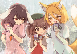  3girls ability_card_(touhou) animal_ears blonde_hair bow bowtie brown_eyes brown_hair card carrot_necklace cat_ears chen chidori_nekoro commentary_request commission dress floppy_ears fox_ears fox_girl fox_tail green_hat green_ribbon hair_between_eyes hat holding holding_card inaba_tewi jewelry kudamaki_tsukasa mob_cap multiple_girls neck_ribbon necklace open_mouth pendant pink_dress puffy_short_sleeves puffy_sleeves rabbit_ears rabbit_girl red_eyes red_vest ribbon romper shirt short_sleeves skeb_commission sleeve_ribbon smile tail touhou vest watermark white_bow white_bowtie white_romper white_shirt yellow_eyes 