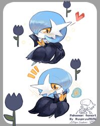  1girl alternate_color artist_name black_dress black_gloves blue_hair blush bob_cut chibi colored_skin commentary_request dress elbow_gloves flower gardevoir gloves hair_over_one_eye highres mega_gardevoir mega_pokemon multiple_views orange_eyes pokemon pokemon_(creature) shiny_pokemon smile strapless strapless_dress watermark white_skin yueryu_(taroyuer2) 