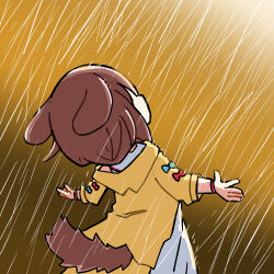 animal_ears deformed dog_ears dog_girl dog_tail facing_away from_behind highres hololive honmirin hood hood_down hoodie inugami_korone inugami_korone_(1st_costume) monogatari_(series) owarimonogatari rain sidelighting standing standing_in_rain tail three-quarter_sleeves virtual_youtuber wristband yellow_hoodie 