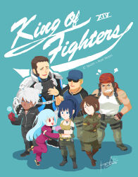  3girls 4boys bandana bare_shoulders baseball_cap belt blue_eyes blue_hair bodysuit boots brown_eyes brown_hair camouflage camouflage_pants candy chibi clark_still combat_boots commentary_request cropped_jacket cross cross_necklace cyborg dark-skinned_male dark_skin dog_tags fighting_game fingerless_gloves fold-over_gloves food full_body gloves hat holding holding_candy holding_food holding_lollipop jacket jewelry k'_(kof) kaychen kula_diamond leather leather_jacket leather_pants leona_heidern lollipop long_hair mature_male maxima metal_gloves military military_uniform multiple_boys multiple_girls muscular necklace pants ponytail purple_bodysuit ralf_jones red_eyes short_hair sideburns signature soldier sunglasses swirl_lollipop tank_top the_king_of_fighters the_king_of_fighters_xiv whip_(kof) white_hair yellow_gloves yellow_tank_top zipper 