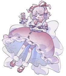  1girl :d back_bow blonde_hair bow bowtie brown_shirt bubble_skirt closed_eyes commentary_request facing_viewer full_body hair_ribbon highres mary_janes medicine_melancholy open_mouth own_hands_clasped own_hands_together puffy_short_sleeves puffy_sleeves red_bow red_bowtie red_ribbon red_shoes red_skirt ribbon ribbon-trimmed_shirt ribbon-trimmed_skirt ribbon_trim shirt shoes short_sleeves skirt smile socks solo su-san toori_sototo touhou white_bow white_socks 