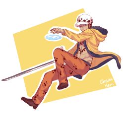  1boy artist_name black_hair caydeus chest_tattoo closed_mouth coat commentary full_body hat highres holding holding_sword holding_weapon male_focus one_piece one_piece:_stampede pants short_hair sideburns solo sword tattoo trafalgar_law weapon yellow_coat 