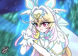  1girl antenna_hair aura blonde_hair blue_aura blurry blurry_background blush bow bowtie braid brooch capelet clenched_hands closed_mouth commentary crossed_bangs crossed_wrists cure_arcana depth_of_field dress forehead_jewel frilled_capelet frills furrowed_brow gem glowing gold_trim gradient_hair hair_between_eyes hair_bow hair_intakes hair_ornament half_up_braid heart heart_brooch heart_hair_ornament heart_in_eye highres jewelry light_rays long_hair looking_down magical_girl meitantei_precure! moria_luluka multicolored_hair ocean parody pink_eyes pink_hair precure scene_reference serious shafuu_(arrowww12ga) signature sleeveless sleeveless_dress solo symbol_in_eye two-tone_hair ultra_series ultraman_gaia_(series) upper_body veil very_long_hair water waterfall white_bow white_bowtie white_capelet white_dress white_veil white_wrist_cuffs wing_hair_ornament wrist_cuffs 